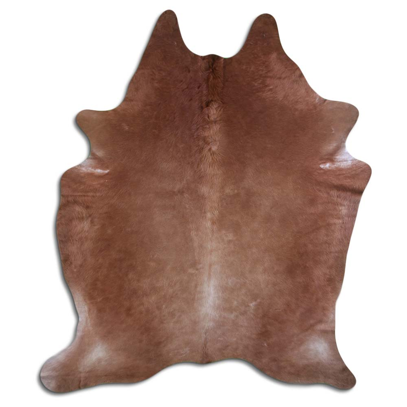 Brown cowhide rug with natural hair on hide, irregular skin shape