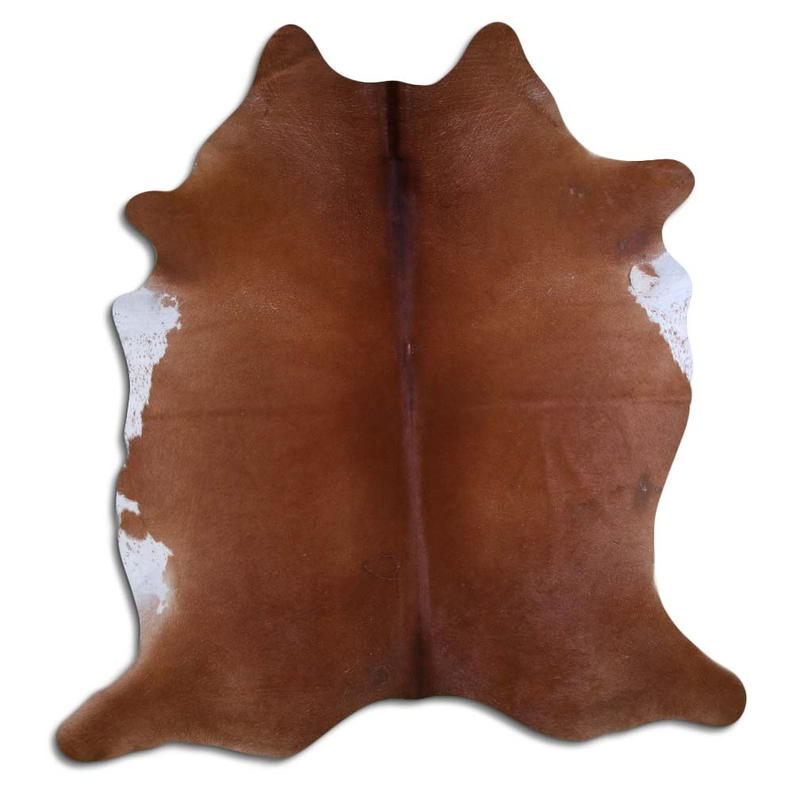 Brown cowhide rug with short hair, irregular hide shape and central seam