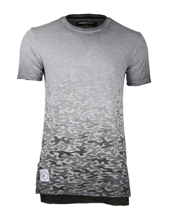 Men's longline camouflage short-sleeve T-shirt, oil-wash look, crew neck