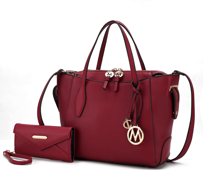 Burgundy vegan leather tote bag with wallet, front zipper and logo charm
