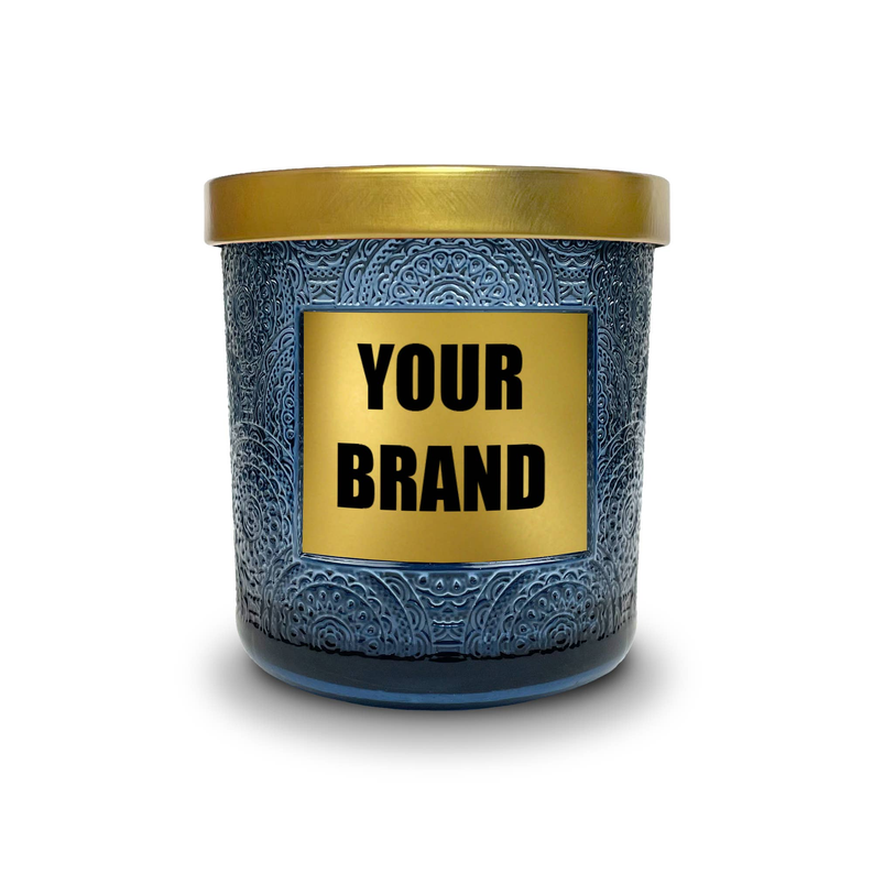 Blue embossed candle jar with gold lid and 'YOUR BRAND' label on front