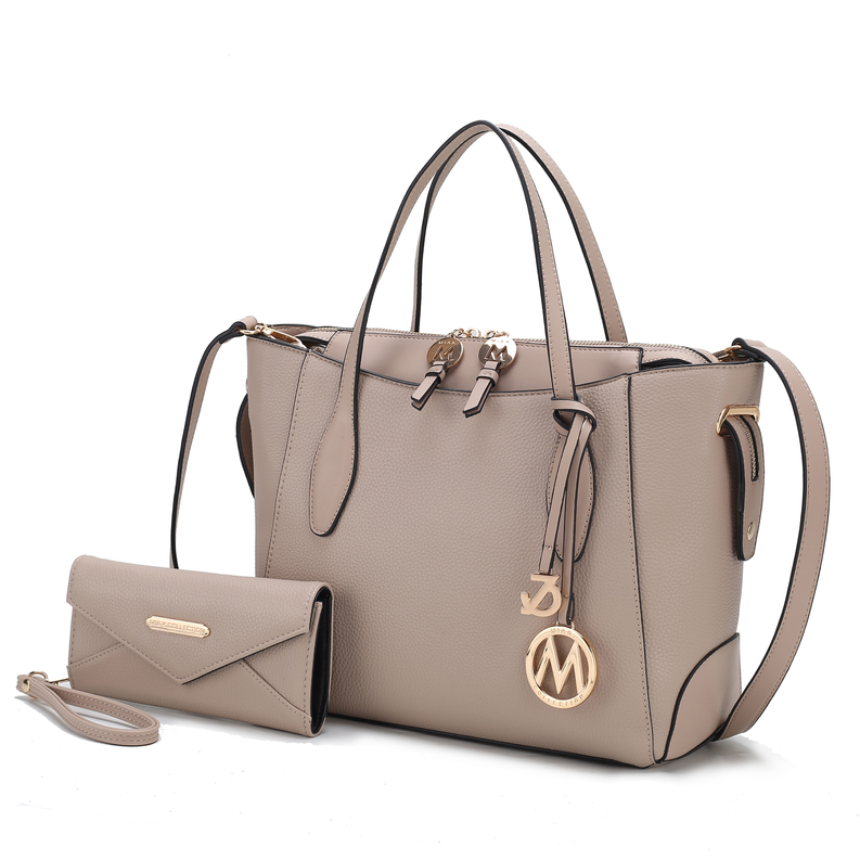 Taupe vegan leather tote bag with zipper, top handles, detachable wallet