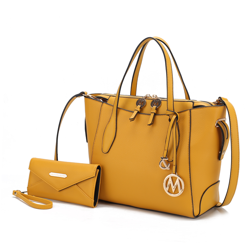 Mustard vegan leather tote bag with wallet, top handles, shoulder strap, front zip pocket