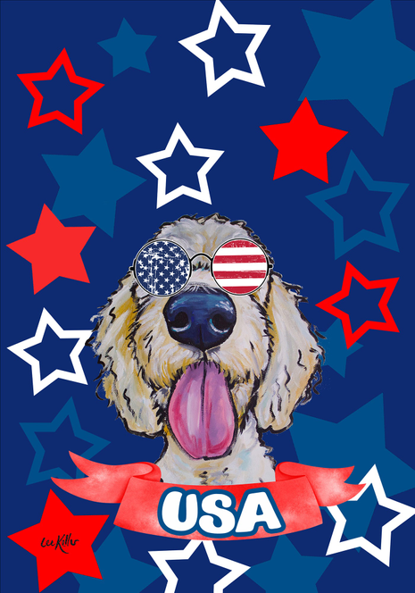 Patriotic USA garden flag with smiling dog portrait and 'USA' text, red white blue stars