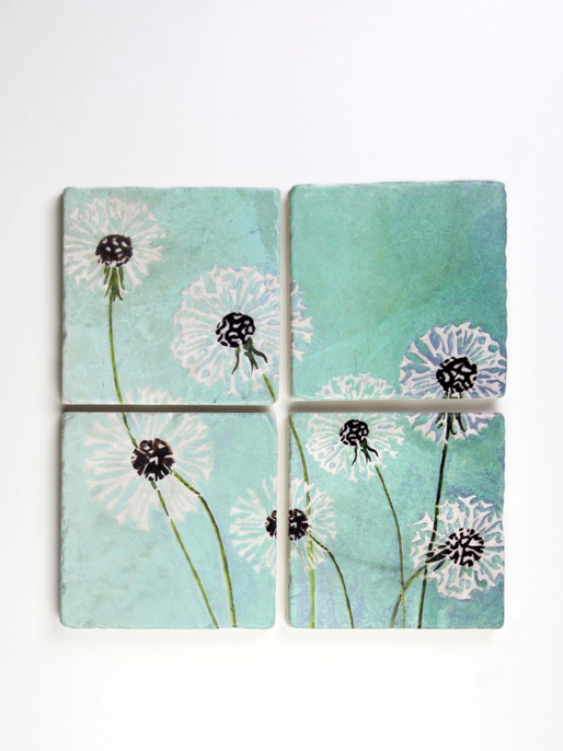 Coaster Set - Dandelions on Aqua - Drinkware