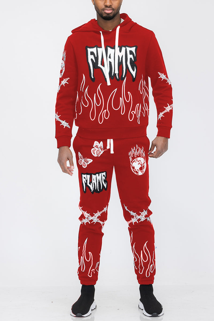 Chenille Flame Sweat Suit - RED / 1 / 2XL - Unisex Fashion