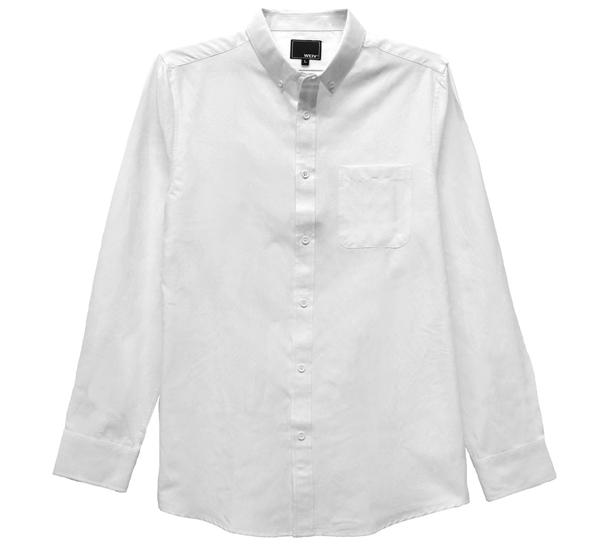 Classic white long-sleeve button-up shirt with chest pocket