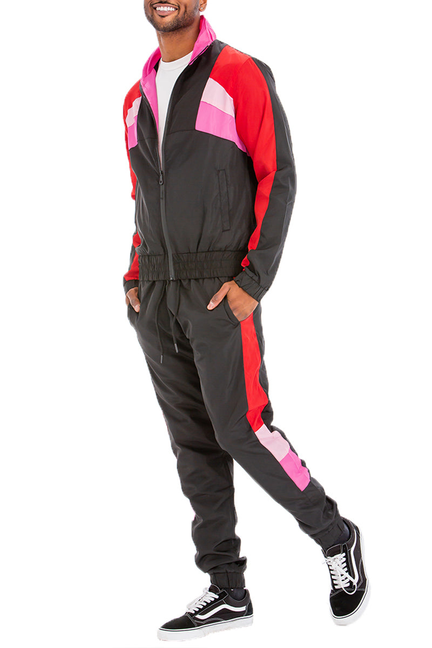 Winslow windbreaker track set: black jacket with red/pink color-blocking and jogger pants