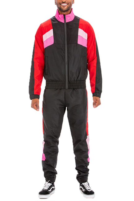 Winslow windbreaker track set: black zip-up jacket with red and pink panels, matching pants