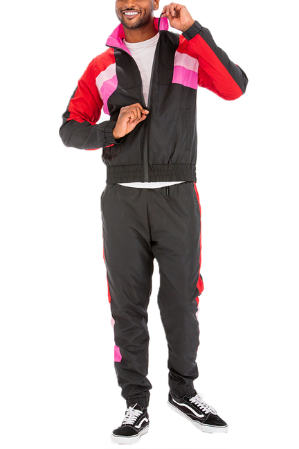 Winslow windbreaker track set: black jacket with red/pink stripes and tapered jogger pants