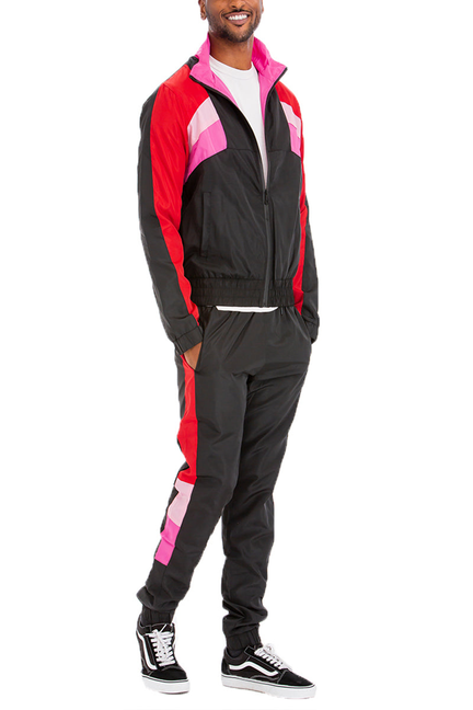 Winslow windbreaker track set: black jacket and joggers with red panels and pink accents