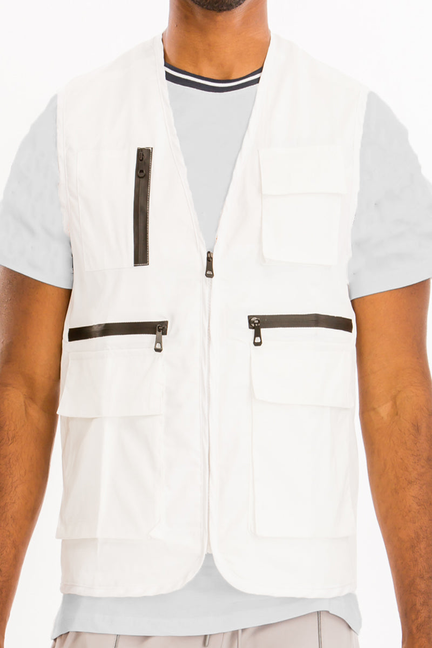 White tactical utility vest with multiple front pockets and zip front closure