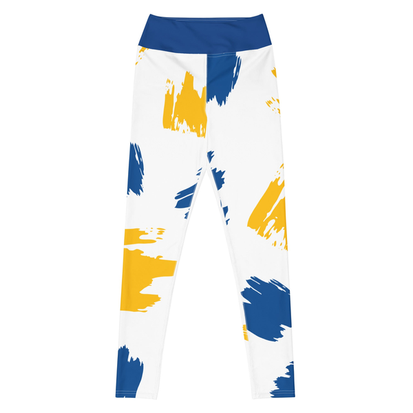 Yoga leggings with white base, blue waistband, blue and yellow splash print