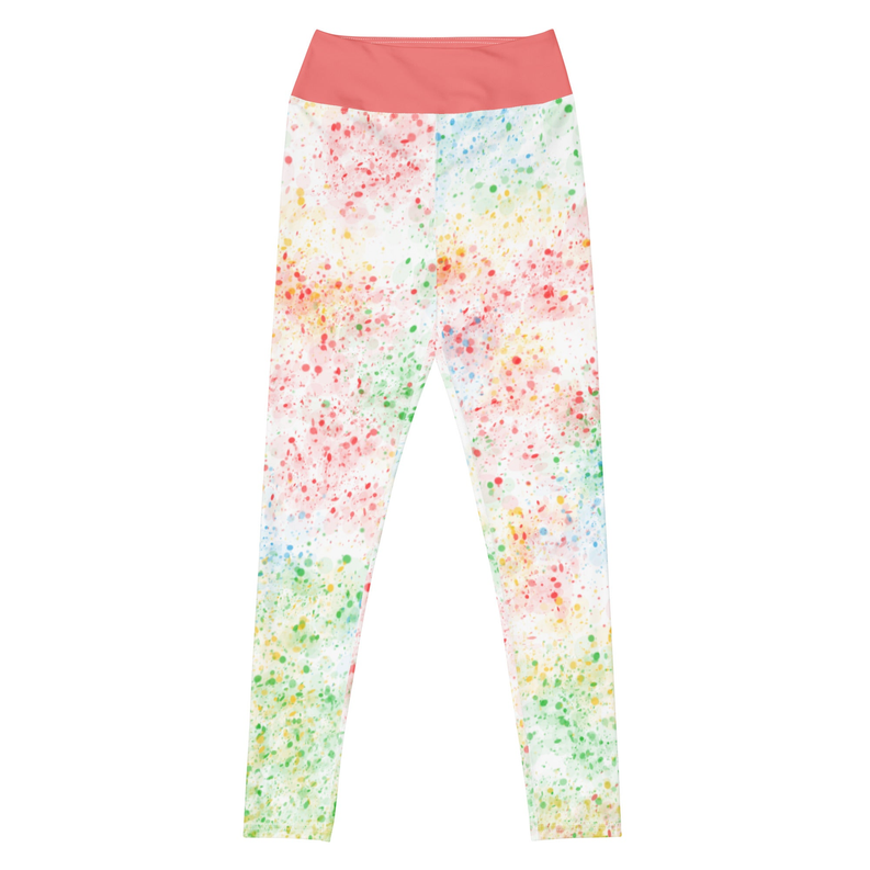 Pastel speckled tie-dye yoga leggings with coral waistband, full length
