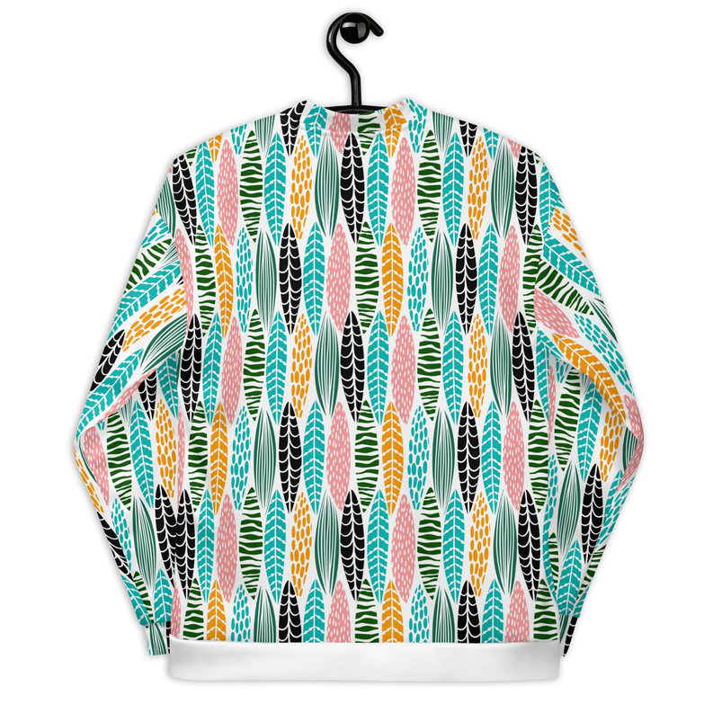 Unisex bomber jacket in leaf jungle print, ribbed cuffs and hem.