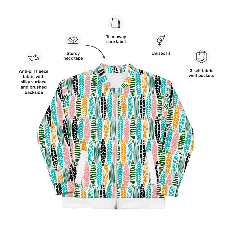 Unisex bomber jacket in leaf jungle print, anti-pill fleece, welt pockets.