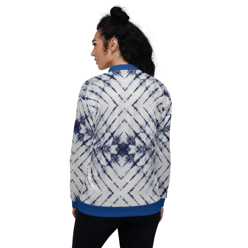 Bomber jacket, white with indigo tie-dye and blue ribbed cuffs; full zip front