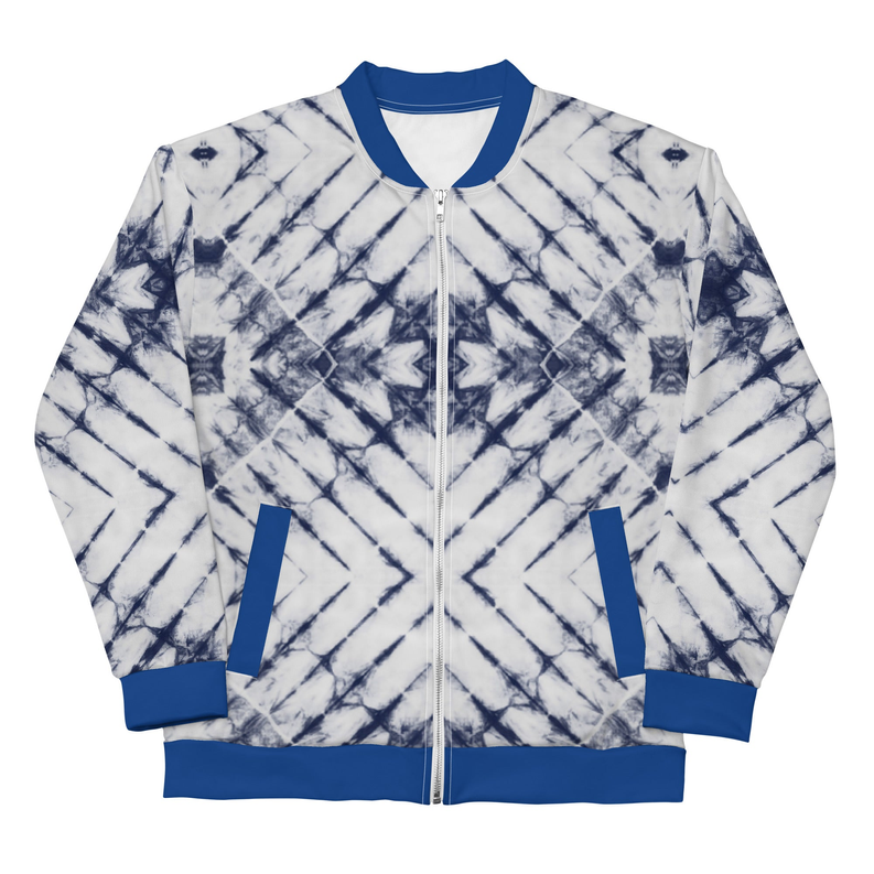Tie-dye bomber jacket with blue ribbed hem and cuffs; front zipper closure