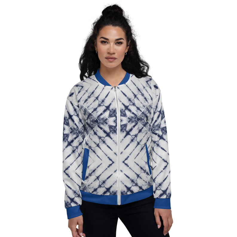 Zip-up bomber jacket with indigo tie-dye print, blue stand collar, ribbed cuffs