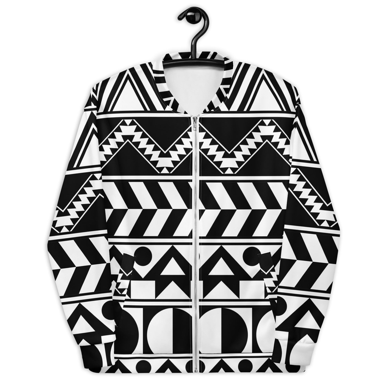 Unisex bomber jacket with black-and-white geometric aztec pattern