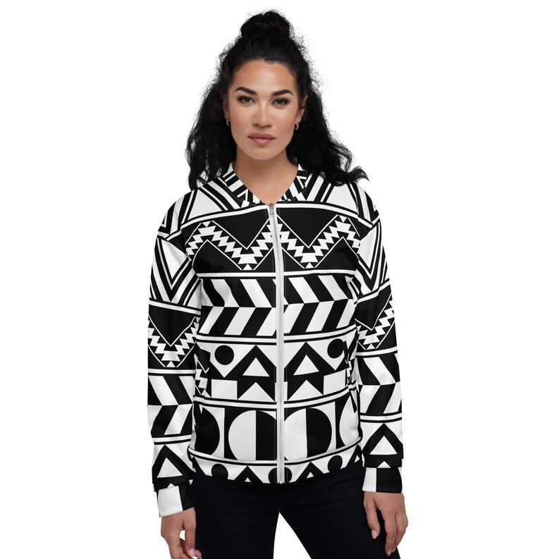 Unisex bomber jacket worn look with black-and-white geometric aztec-style print