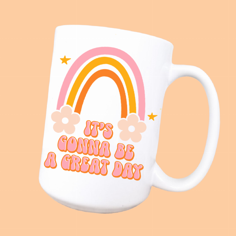 Rainbow illustrated ceramic coffee mug with star and cloud graphic, 15oz