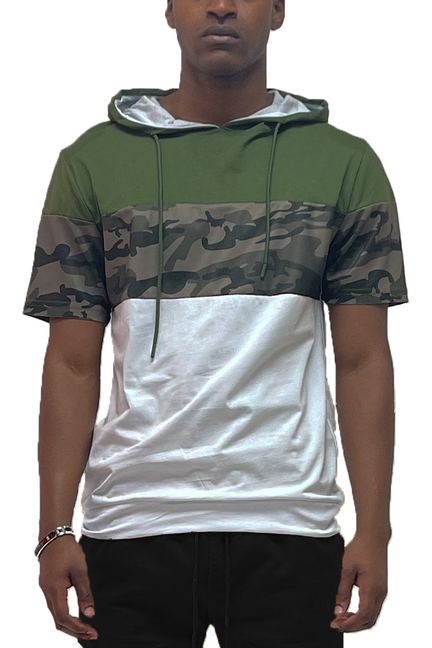 Men's hooded tee: olive top with camo sleeves, white front panel, drawstring hood