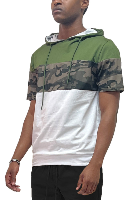 Men's hooded tee: olive camo chest panel over white base, short sleeves