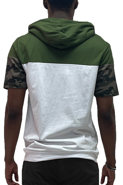Men's hooded tee back: olive hood and white center panel, camo sleeve accents