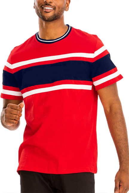 Red crewneck color block tee with navy and white horizontal stripes, short sleeves