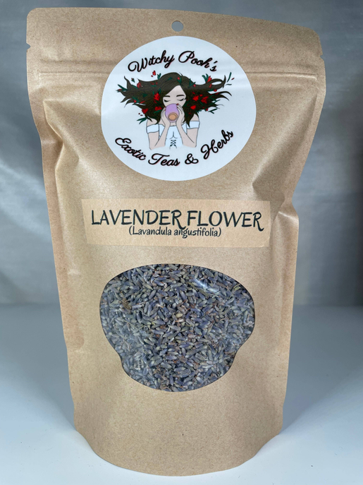 Lavender herbal pouch, close front view with oval window showing blue-gray dried petals