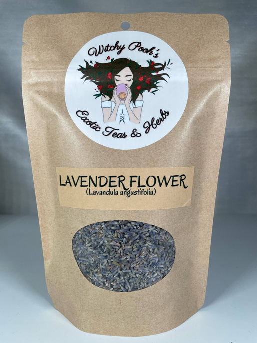 Lavender flower herbal pouch, front label and oval window with blue-gray dried buds