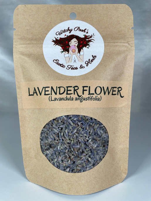 Kraft paper lavender flower pouch with oval window of blue-gray dried buds