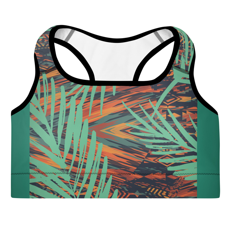 Padded sports bra with teal green base and bold tropical leaf print, racerback