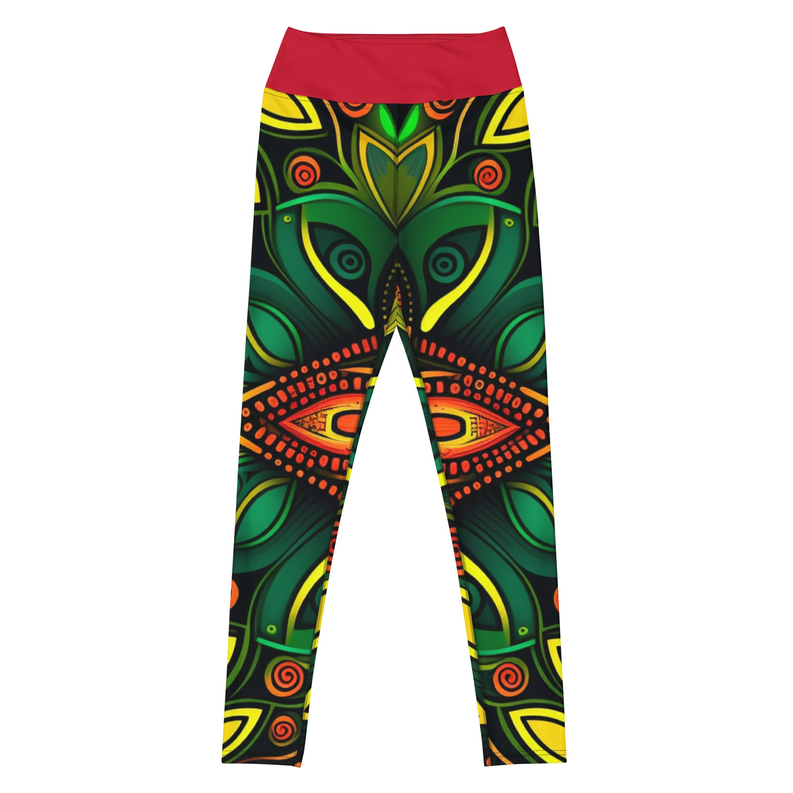 Green yoga leggings with red waistband and bold yellow, orange, and black African-style print