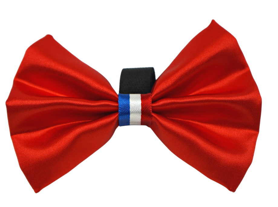 Red satin pet ribbon bow with blue-and-black center band