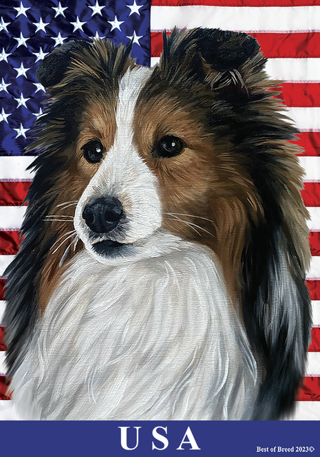 Outdoor flag with close-up Sheltie in sable coat and bold blue 'USA' text