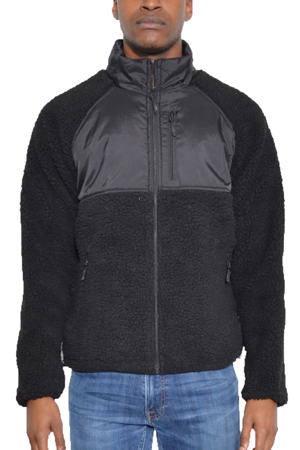 Black sherpa fleece zip-up jacket with front zipper and stand collar