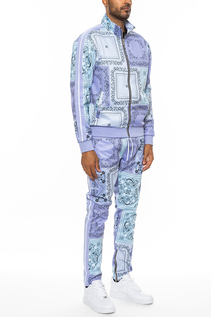 Lavender paisley all-over track jacket set with zip-up top and matching pants