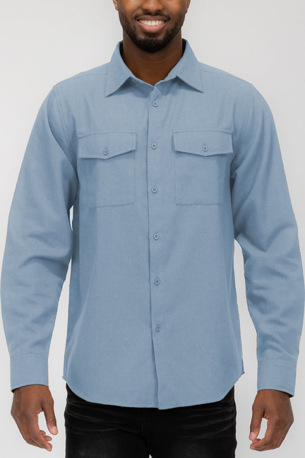 Men's sky-blue flannel button-up shirt with two chest pockets