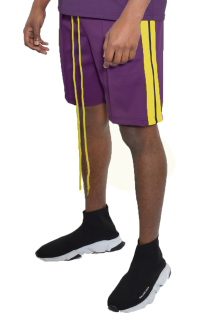 Front pleat shorts in purple with bright yellow side stripe details