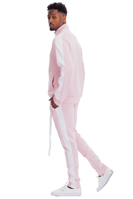 Pink stripe track set with zip hoodie and joggers, side view