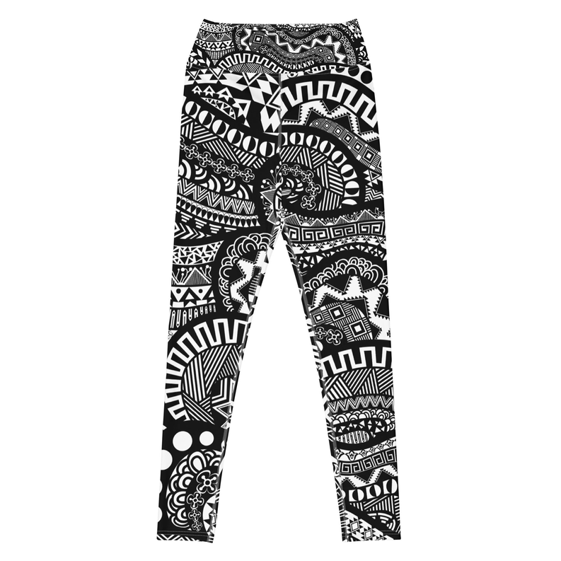 Black yoga leggings with bold white geometric and tribal-style print