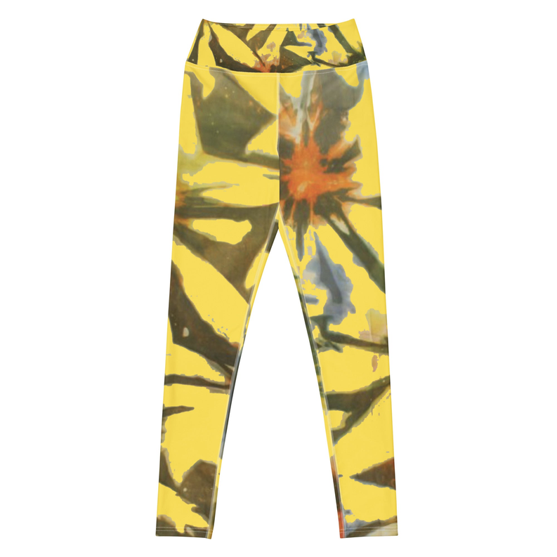 Yellow tie-dye yoga leggings with abstract swirl pattern