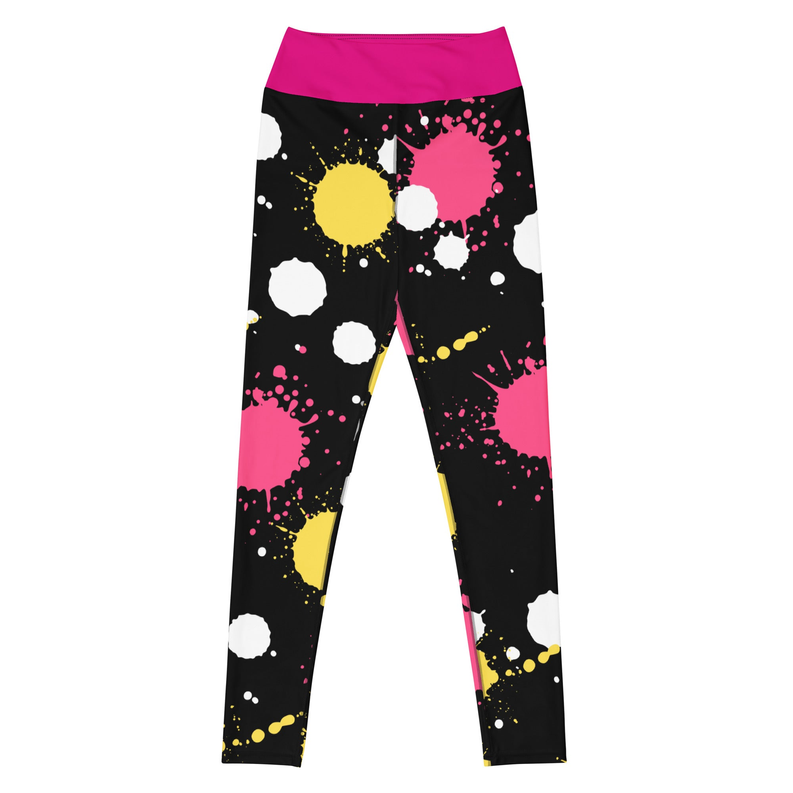 Yoga leggings flat front, magenta waistband and black splatter print with yellow, white, pink