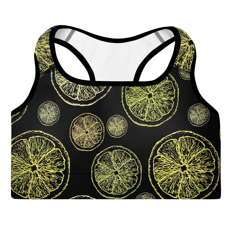 Citrus-print padded sports bra with racerback, black base and lime fruit print