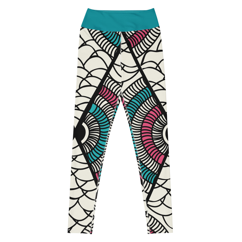African print leggings, white with black curved lines and teal and pink spiral motifs