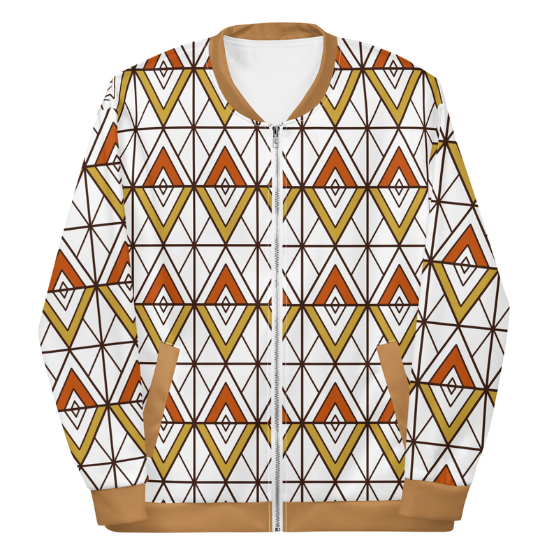 Bomber jacket with geometric triangle print, front zipper, tan ribbed hem and cuffs