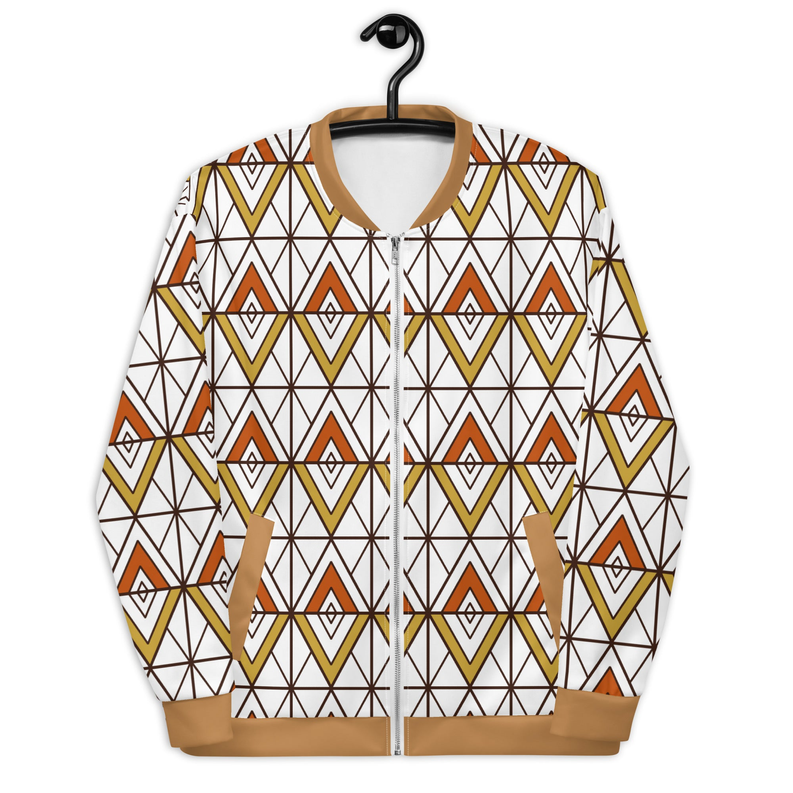 Bomber jacket with geometric triangle print, front zipper, tan ribbed cuffs and hem