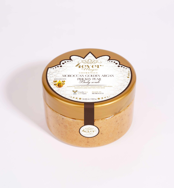 Golden body scrub jar with lid and label, Moroccan argan prickly pear